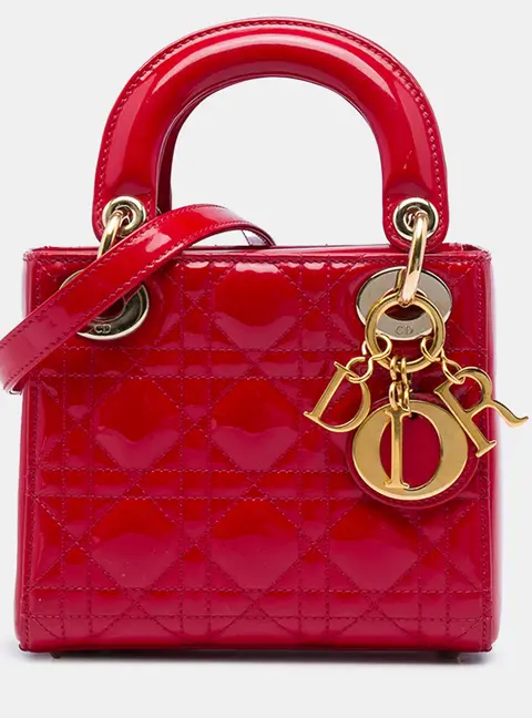 Christian Dior Lady Dior Mini Cherry Red Patent Calfskin Leather Top Handle Bag