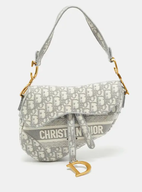 Dior Saddle Grey/Off White Oblique Embroidered Canvas Shoulder Bag