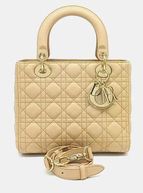 Christian Dior Lady Dior Medium Beige Cannage Leather Top Handle Bag