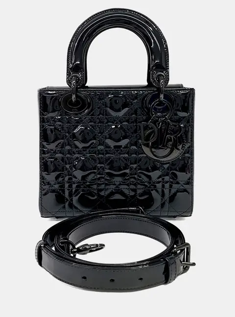 Dior Lady Dior Small Black Patent Leather Top Handle Bag