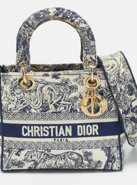 Dior Toile de Jouy Lady D-Lite Medium Navy Blue/White Embroidered Canvas Tote