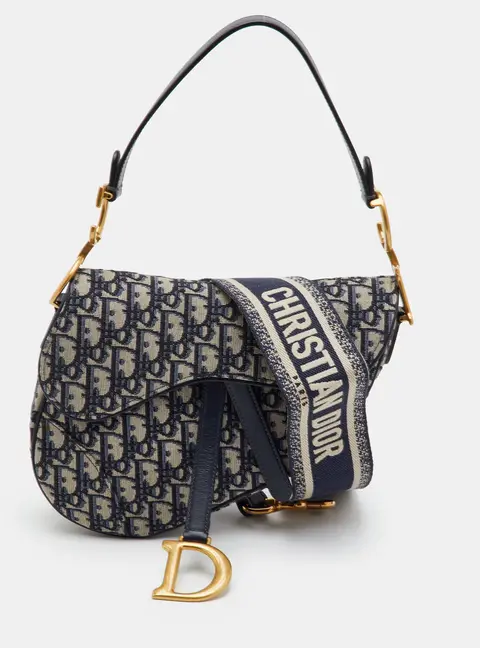 Dior Saddle Medium Navy Blue Oblique Canvas and Leather Shoulder Bag