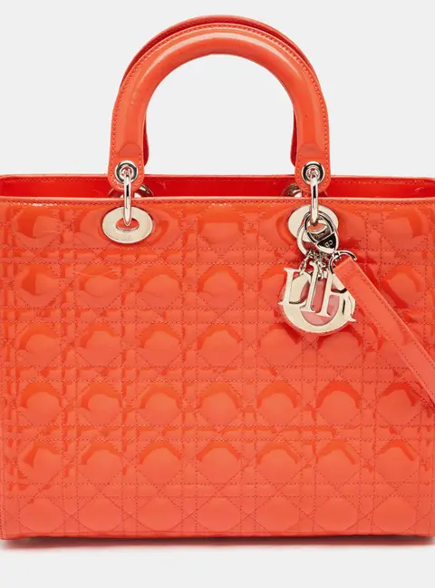 Dior Lady Dior Large Orange Cannage Patent Leather Tote