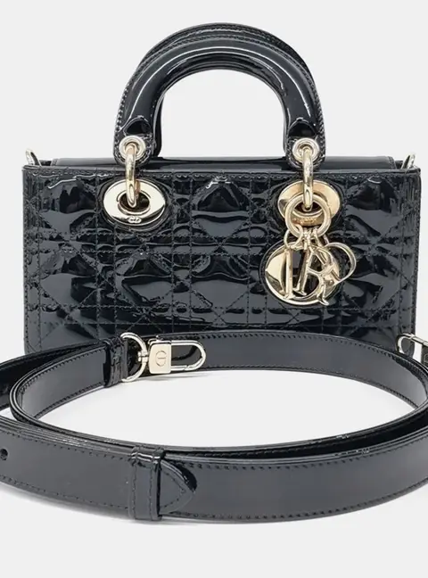 Christian Dior Lady D-Joy Small Black Patent Leather Shoulder Bag
