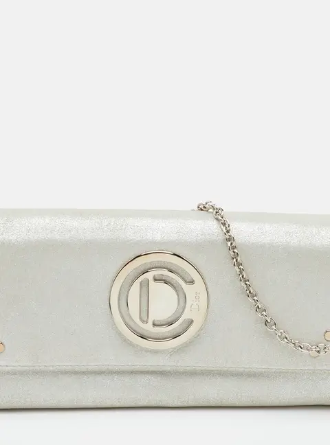 Dior Round CD Logo Metallic Silver Leather Wallet On Chain