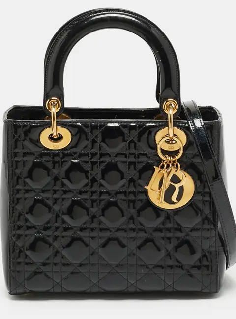 Dior Lady Dior Medium Black Cannage Patent Leather Tote