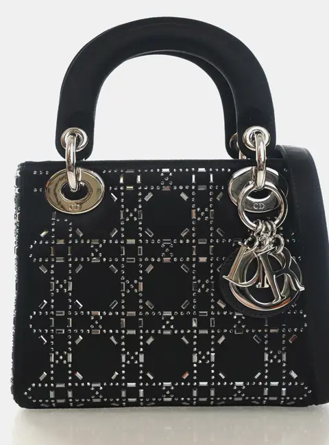 Christian Dior Mini Lady Dior Black Strass Satin Top Handle Bag
