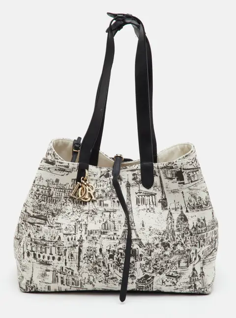 Dior Toujours Medium White/Black Canvas and Leather Paris All Over Tote