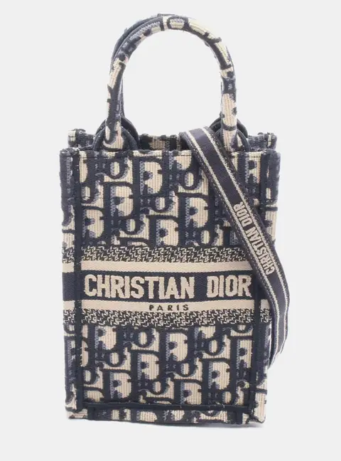 Christian Dior Mini Vertical Navy Blue Beige Canvas Crossbody Phone Bag