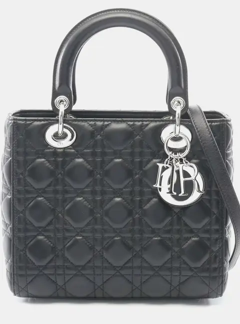 Dior Lady Dior Black Leather Medium Top Handle Bag