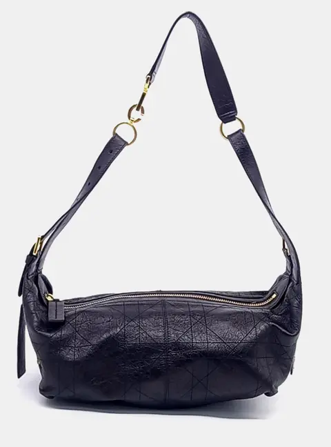 Christian Dior D-Journey Medium Black Crinkled Lambskin Leather Shoulder Bag