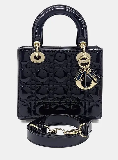 Christian Dior Lady Dior Small Black Patent Leather Top Handle Bag