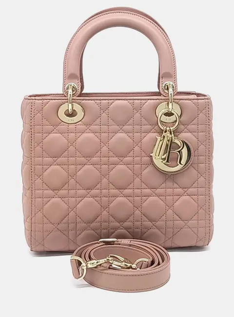 Christian Dior Lady Dior Medium Pink Lambskin Leather Top Handle Bag