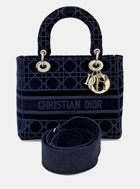 Christian Dior D-LITE Lady Black/Navy Blue Velvet  Bag Medium