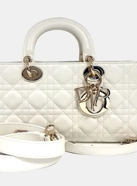 Christian Dior Lady D-Joy Medium White Cannage Lambskin Leather Top Handle Bag