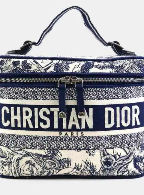 Christian Dior DiorTravel Small Blue White Toile de Jouy Embroidered Canvas Travel Vanity Case Bag