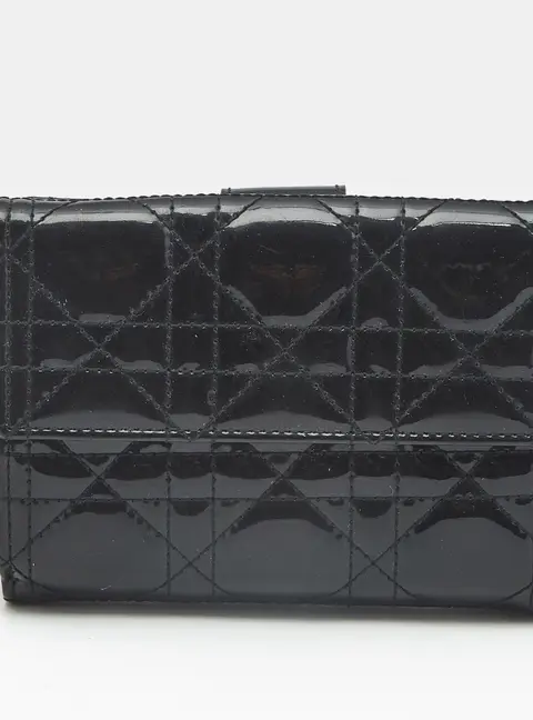 Dior Lady Dior Black Cannage Patent Leather French Wallet