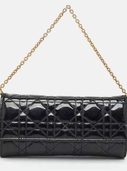 Dior Rendezvous Black Cannage Patent Leather Wallet on Chain