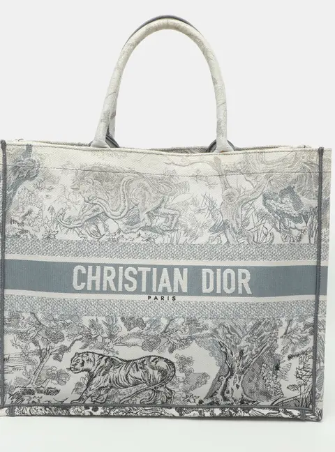 Dior Book Large Grey/Blue Toile de Jouy Animals Tiger Embroidered Canvas Tote