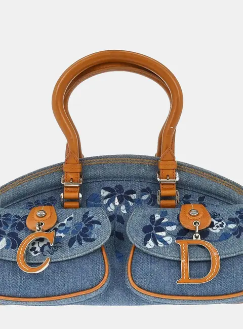 Christian Dior Detective Medium Blue Denim Tan Leather Top Handle Bag