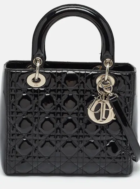 Dior Lady Dior Medium Black Cannage Patent Leather Tote