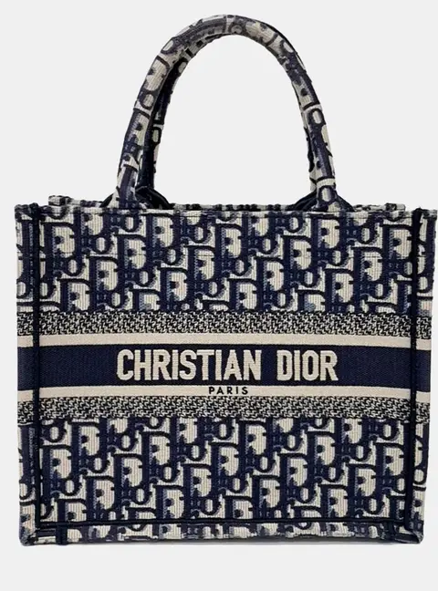 Christian Dior Oblique Beige Navy Blue Canvas Book Tote Bag 26