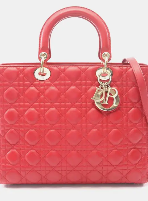 Christian Dior Lady Dior Large Red Cannage Lambskin Leather Top Handle Bag