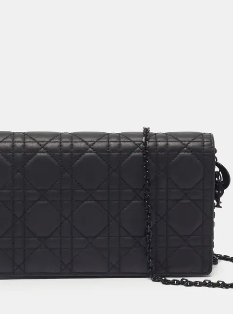 Dior Lady Dior Ultra Matte Black Cannage Leather Pouch with Chain