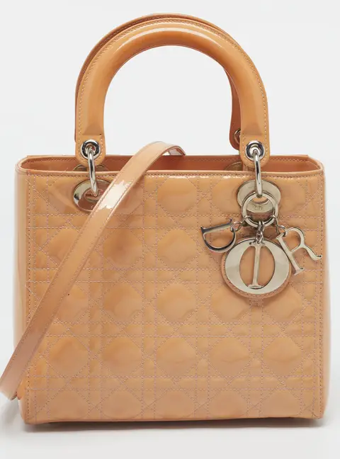 Dior Lady Dior Medium Beige Cannage Patet Leather Tote