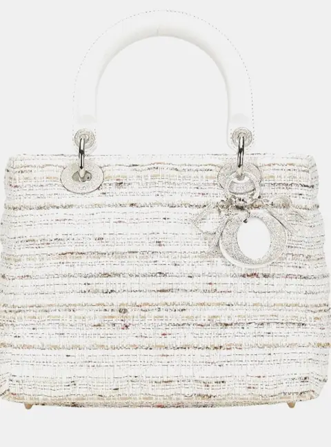 Christian Dior Lady Dior Medium White Multicolor Tweed Canvas Leather Top Handle Bag