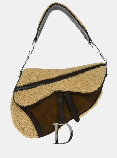 Dior Saddle Brown Shearling Lambskin Leather Saddle Bag