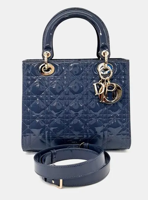 Dior Lady Dior Medium Blue Patent Leather Bag