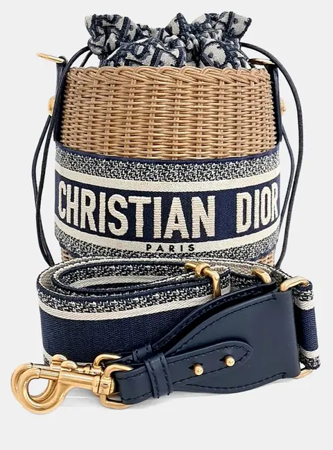 Dior Walker Beige/Blue Oblique Canvas & Raffia Bucket Bag