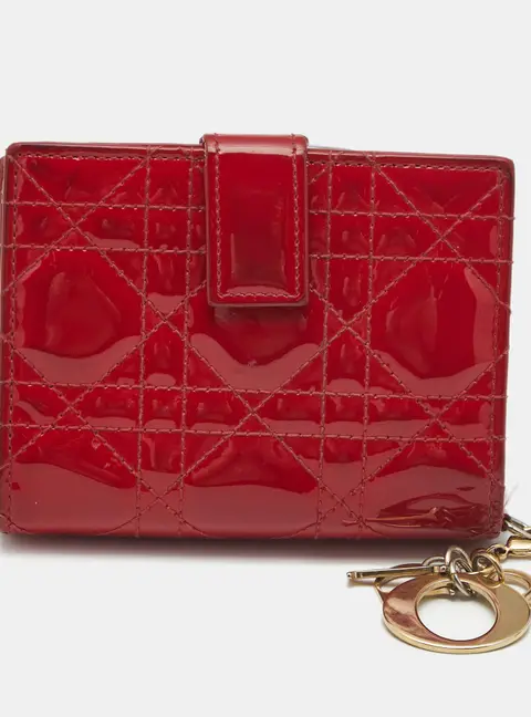 Dior Lady Dior Red Cannaga Patent Leather Compact Wallet