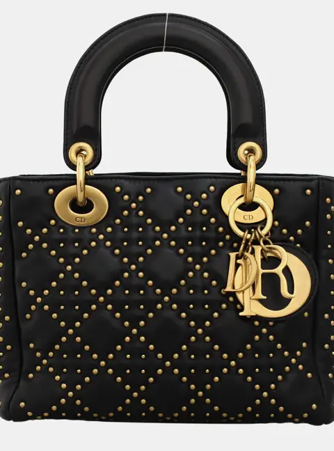 Dior Lady Dior Small Black Lambskin Leather Top Handle Bag