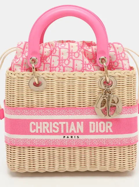 Dior Lady Dior Medium Pink/Natural Wicker and Embroidered Canvas Tote