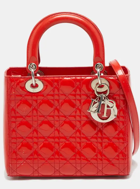 Dior Lady Dior Medium Red Cannage Patent Leather Tote