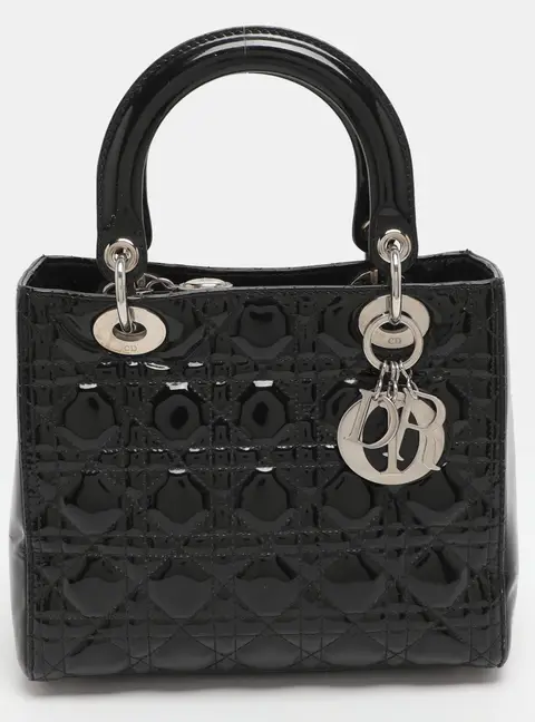 Dior Black Cannage Patent Leather Medium Lady Dior Tote