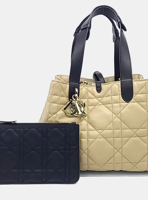 Dior Toujours Medium Beige Black Leather Top Handle Bag