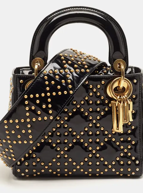 Dior Lady Dior Studded Supple Mini Black Cannage Patent Leather Tote