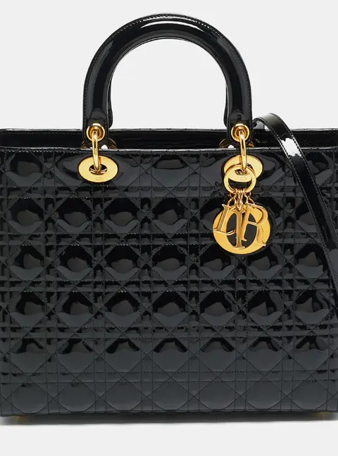 Dior Lady Dior Large Black Cannage Patent Leather Tote