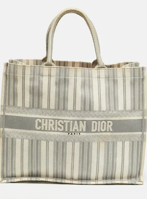 Dior Striped Book Large Grey/White Embroidered Canvas Tote
