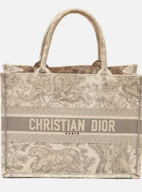 Dior Dioriviera Book Medium Grey/White Embroidered Canvas Tote