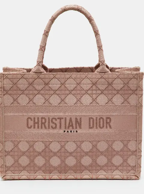 Dior Book Tote Medium Metallic Peach Pink Cannage Embroidered Canvas Tote
