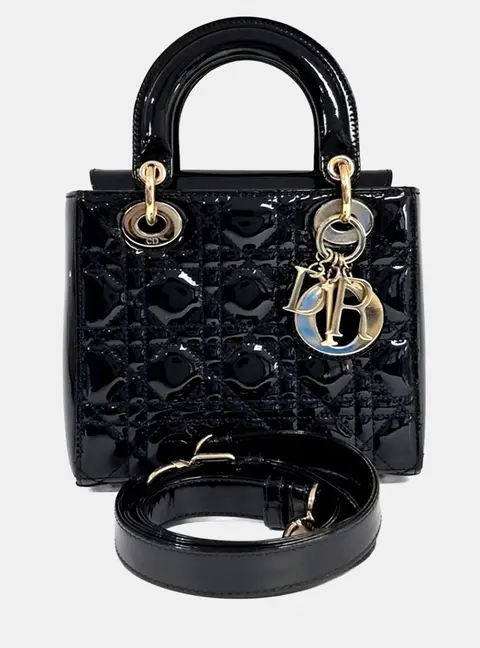 Dior Lady Dior Small Black Patent Leather Top Handle Bag