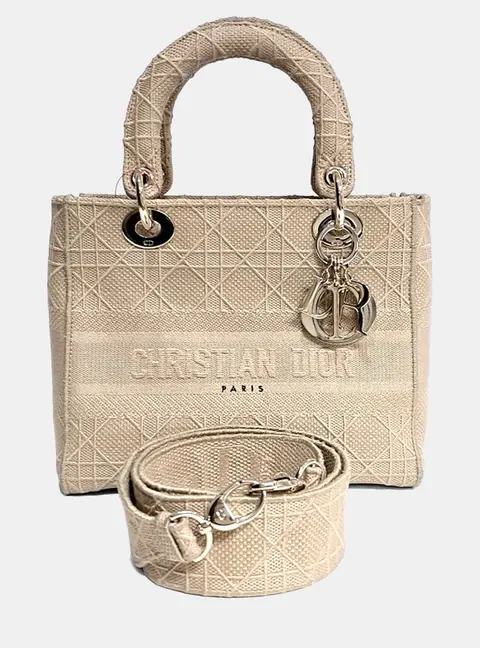 Dior D-Lite Medium Beige Fabric Top Handle Bag