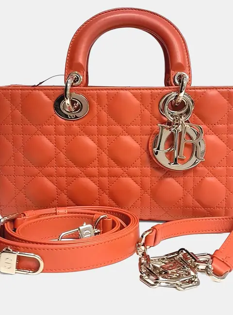 Dior Lady D-Joy Medium Orange Leather Top Handle Bag