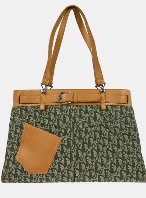 Christian Dior Trotter Green Canvas Leather Tote Bag