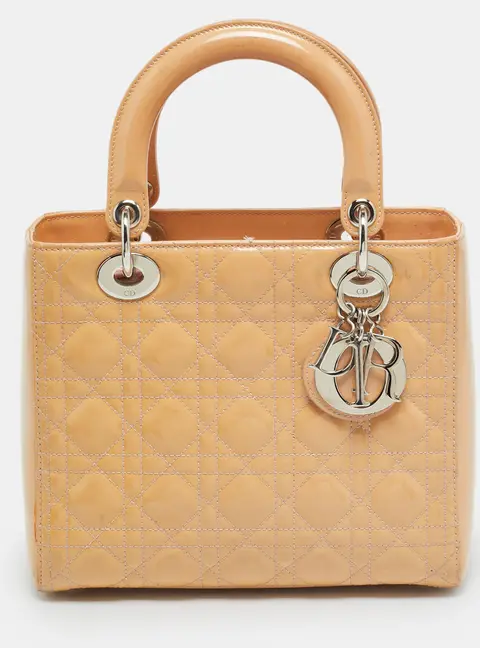 Dior Lady Dior Medium Beige Cannage Patent Leather Tote