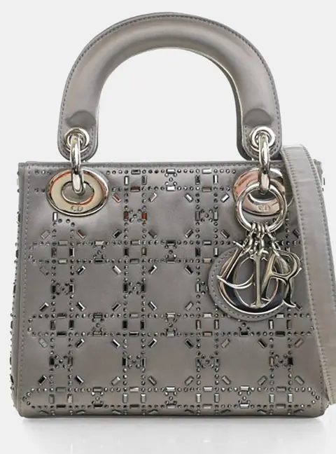 Christian Dior Lady Dior Mini Gray Satin Top Handle Bag